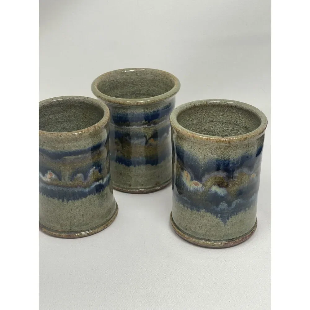 Pottery Air Plant/Vase/Mug Cup Ceramic Clay Handmade Blue Grey Set of 3 Signed